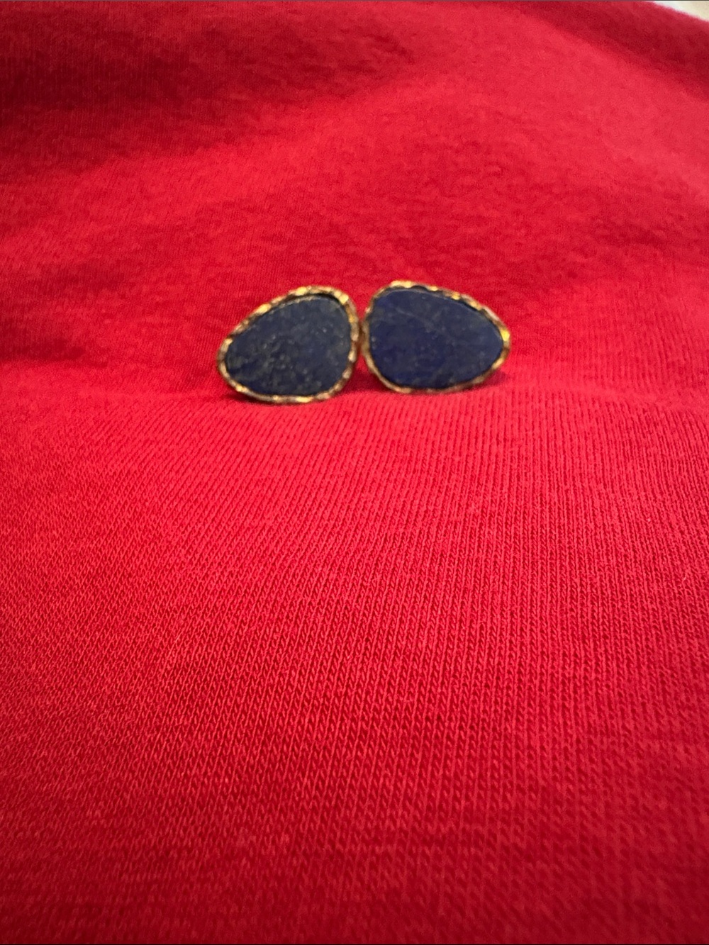 Gold-Trim Lapis Stone Stud Earrings